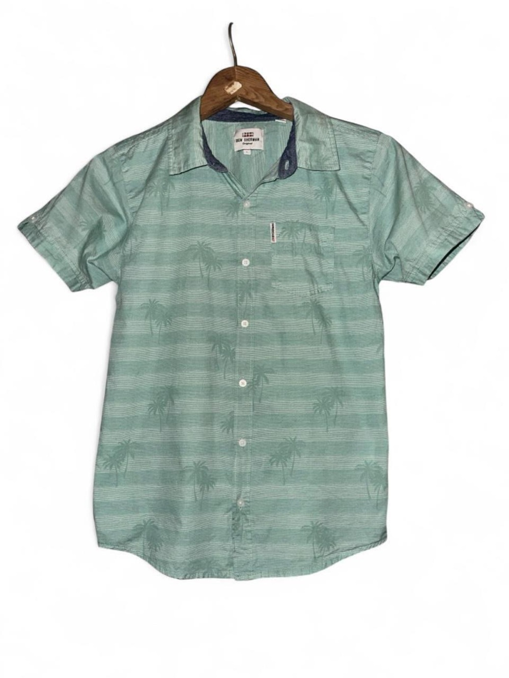 Ben Sherman Button Down Shirt Short Sleeve Boys L 14 16 Green Palm Tree Striped